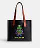 COACH®,COSMIC COACH RELAY TOTE 34 WITH ROBOT,Polished Pebble Leather,Black,Front View