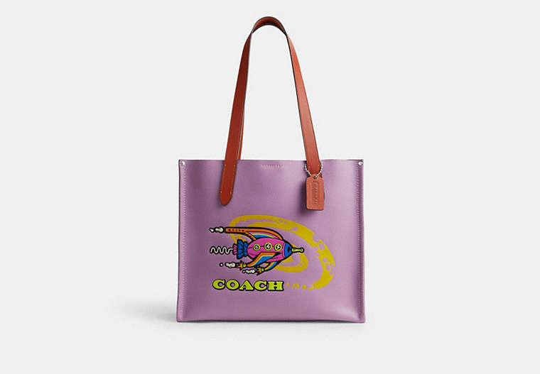 COACH®,COSMIC COACH RELAY TOTE 34 WITH ROCKET,Polished Pebble Leather,Violet Orchid Multi,Front View