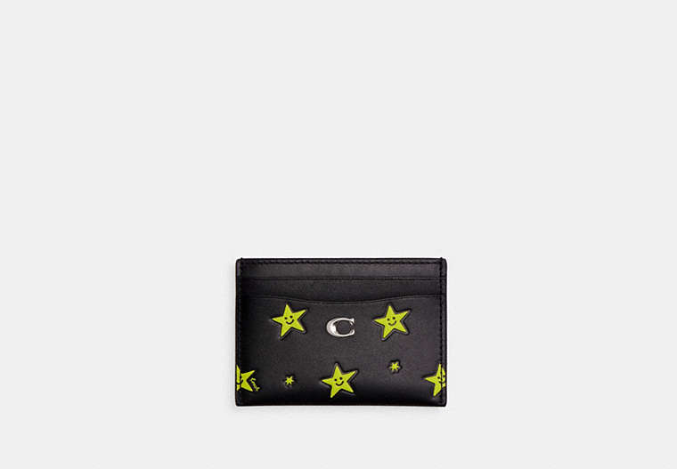 COACH®,COSMIC COACH ESSENTIAL CARD CASE WITH STAR PRINT,Silver/Black,Front View image number 0