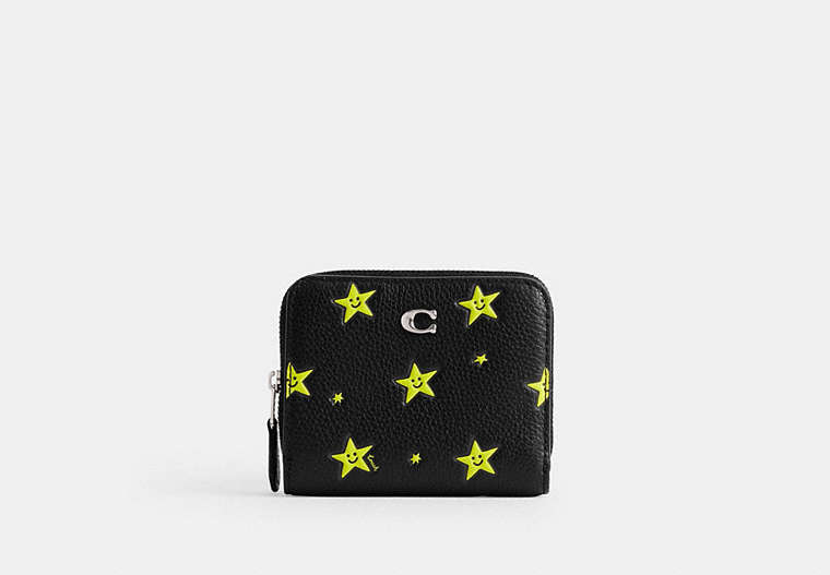COACH®,COSMIC COACH BILLFOLD WALLET WITH STAR PRINT,Polished Pebble Leather,Silver/Black,Front View