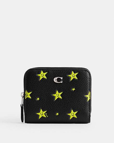 COACH®,COSMIC COACH BILLFOLD WALLET WITH STAR PRINT,Polished Pebble Leather,Silver/Black,Front View