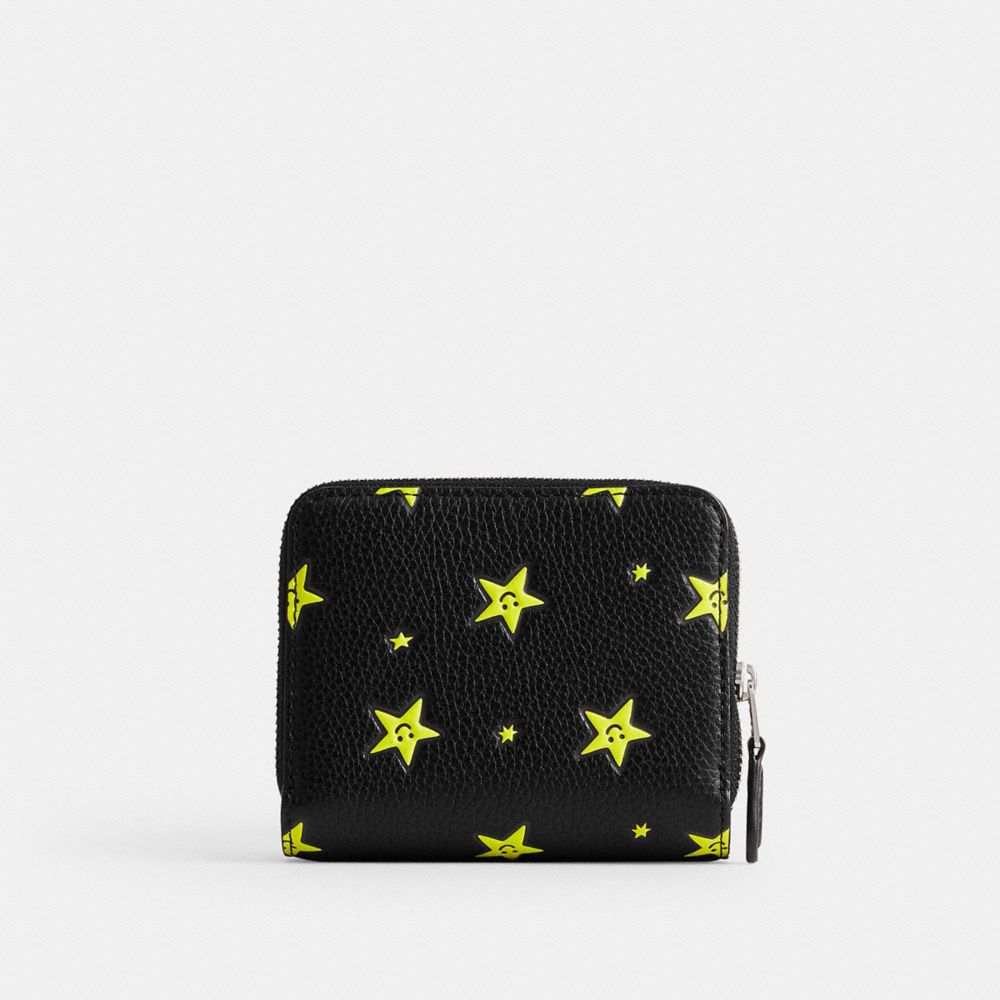 COACH®,COSMIC COACH BILLFOLD WALLET WITH STAR PRINT,Polished Pebble Leather,Mini,Silver/Black,Back View