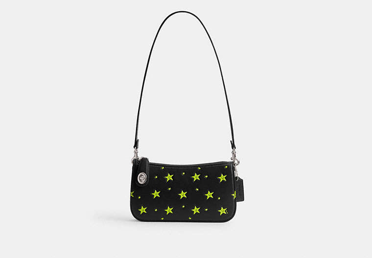COACH®,COSMIC COACH PENN SHOULDER BAG WITH STAR PRINT,Glovetanned Leather,Silver/Black,Front View image number 0