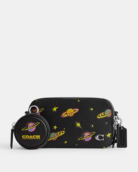 COACH®,COSMIC COACH CHARTER SLIM CROSSBODY WITH PLANET PRINT,Polished Pebble Leather,Black,Front View