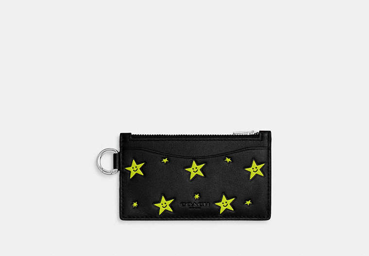 COACH®,COSMIC COACH ZIP CARD CASE WITH STAR PRINT,Glovetanned Leather,Mini,Black,Front View