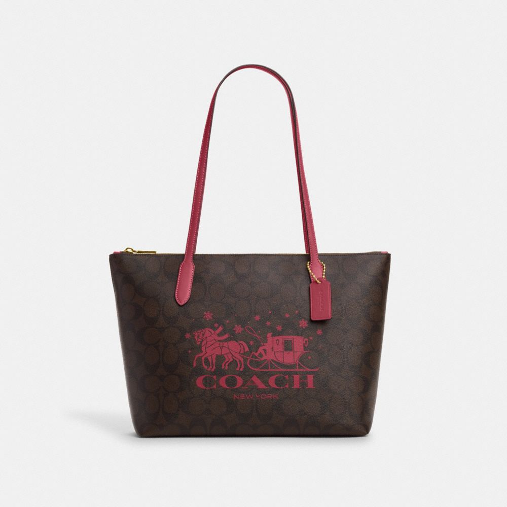 COACH®,ZIP TOP TOTE BAG IN SIGNATURE CANVAS WITH HORSE AND SLEIGH,Signature Canvas,Medium,Im/Brown/Rouge,Front View