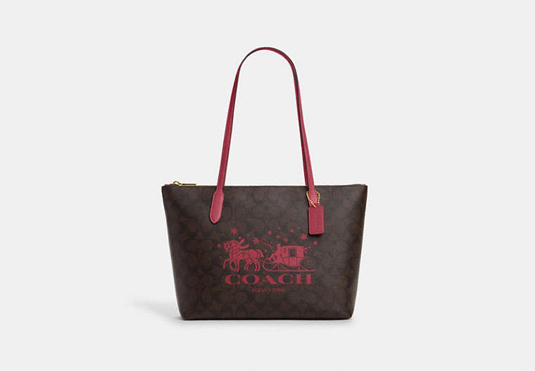 COACH®,ZIP TOP TOTE IN SIGNATURE CANVAS WITH HORSE AND SLEIGH,Coated Canvas,Large,Im/Brown/Rouge,Front View