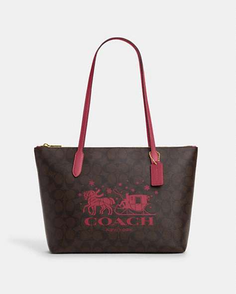 COACH®,ZIP TOP TOTE BAG IN SIGNATURE CANVAS WITH HORSE AND SLEIGH,Coated Canvas,Medium,Im/Brown/Rouge,Front View
