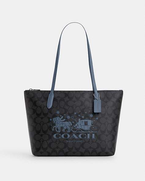 Zip Top Tote In Signature Canvas With Horse And Sleigh