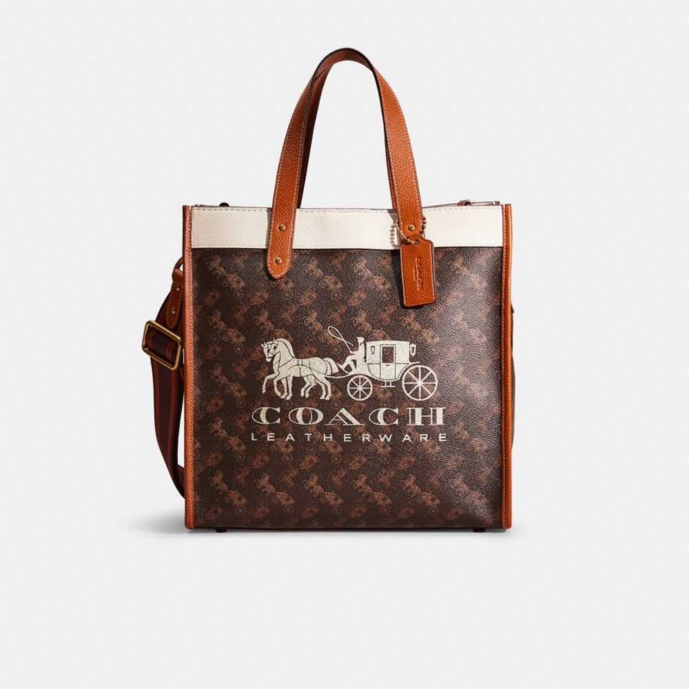 COACH®,RESTORED FIELD TOTE WITH HORSE AND CARRIAGE PRINT AND CARRIAGE BADGE,Brass/Truffle Burnished Amber,Front View