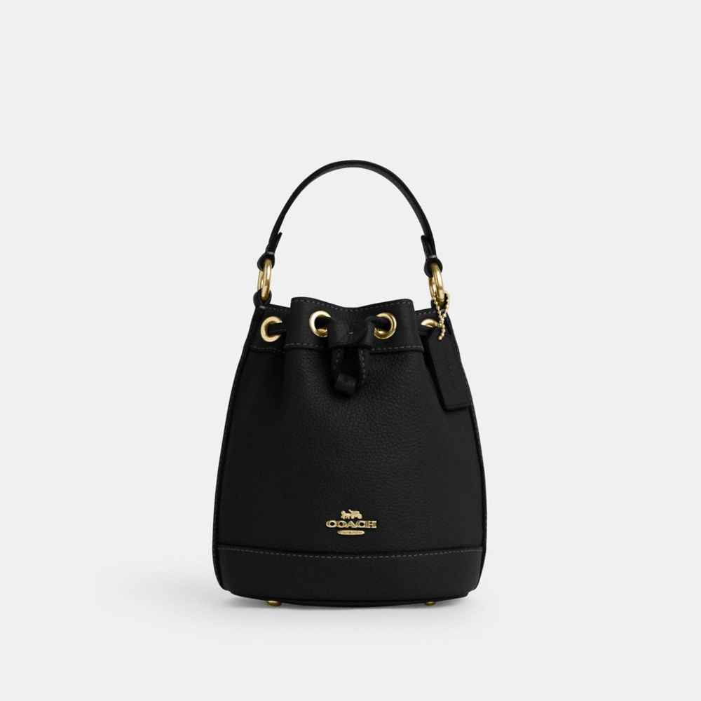 COACH®,DEMPSEY DRAWSTRING BUCKET BAG 15,Pebbled Leather,Medium,Gold/Black,Front View