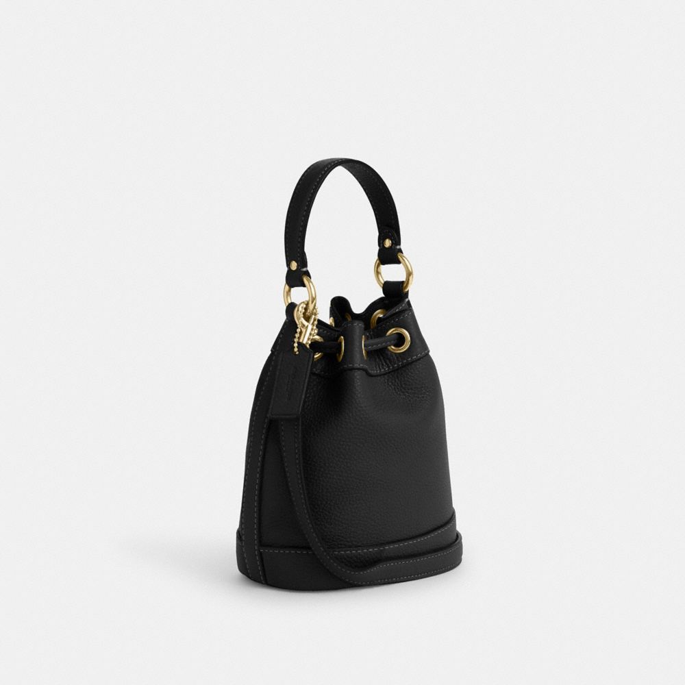 COACH®,DEMPSEY DRAWSTRING BUCKET BAG 15,Pebbled Leather,Medium,Gold/Black,Angle View