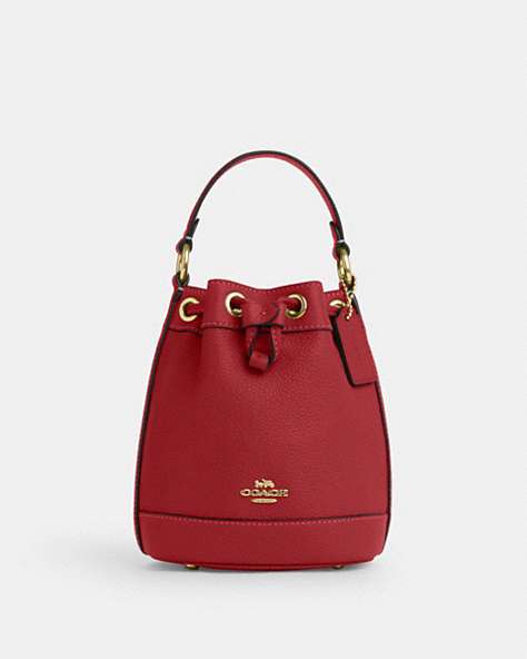 COACH®,DEMPSEY DRAWSTRING BUCKET BAG 15,Pebbled Leather,Medium,Gold/1941 Red,Front View