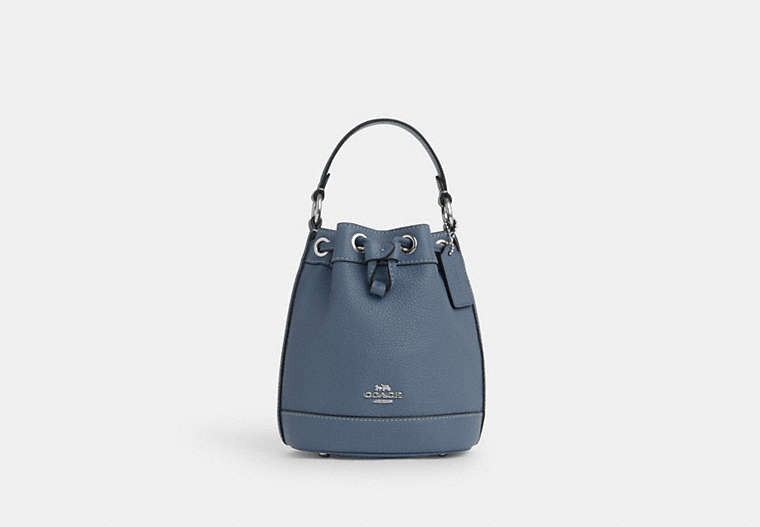 COACH®,DEMPSEY DRAWSTRING BUCKET BAG 15,Pebbled Leather,Medium,Silver/Light Mist,Front View