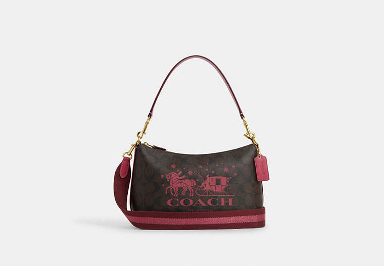 COACH®,CLARA SHOULDER BAG IN SIGNATURE CANVAS WITH HORSE AND SLEIGH,Coated Canvas,Medium,Im/Brown/Rouge,Front View