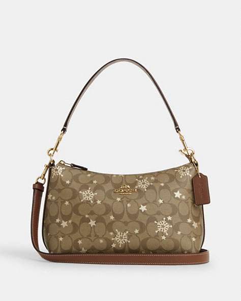 COACH®,CLARA SHOULDER BAG IN SIGNATURE CANVAS WITH STAR AND SNOWFLAKE PRINT,Coated Canvas,Im/Khaki Saddle/Gold Multi,Front View