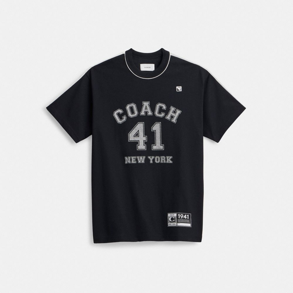 COACH®,EMBELLISHED VARSITY T-SHIRT,cotton,Black,Front View