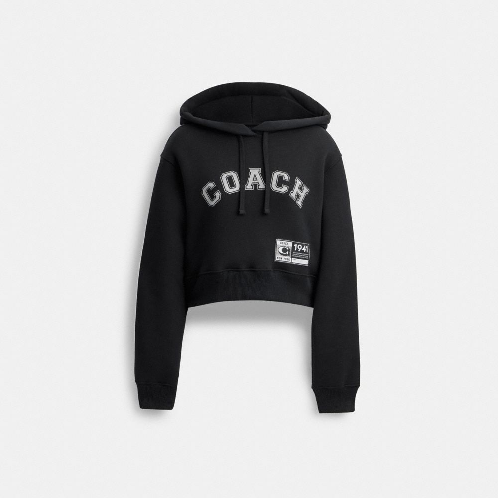 COACH®,EMBELLISHED VARSITY CROPPED HOODIE,Black,Front View