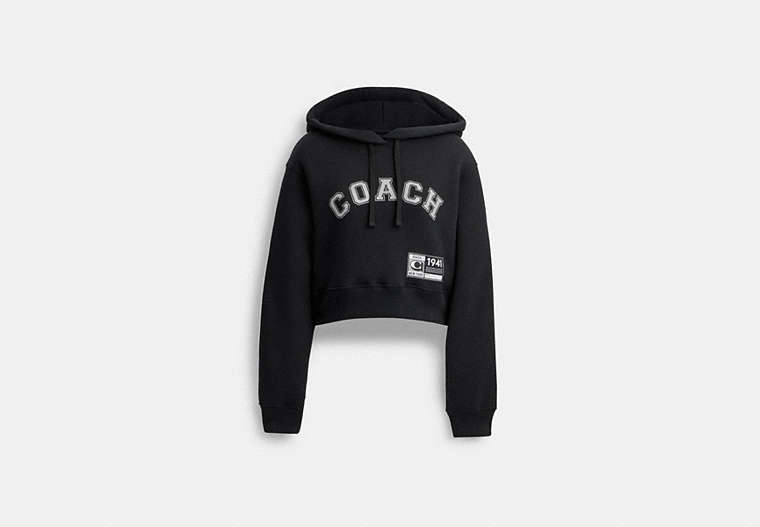 COACH®,EMBELLISHED VARSITY CROPPED HOODIE,Cotton/Polyester,Black,Front View