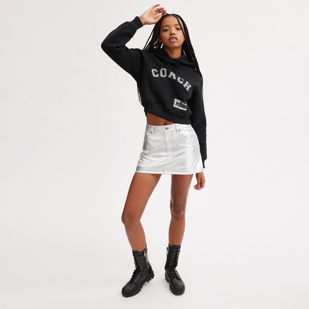 COACH®,EMBELLISHED VARSITY CROPPED HOODIE,Black,Scale View