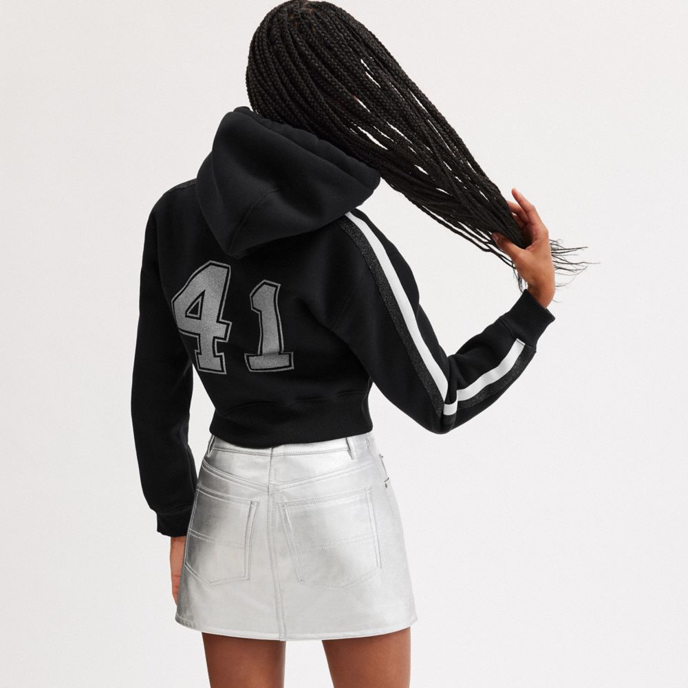 COACH®,EMBELLISHED VARSITY CROPPED HOODIE,Black,Scale View