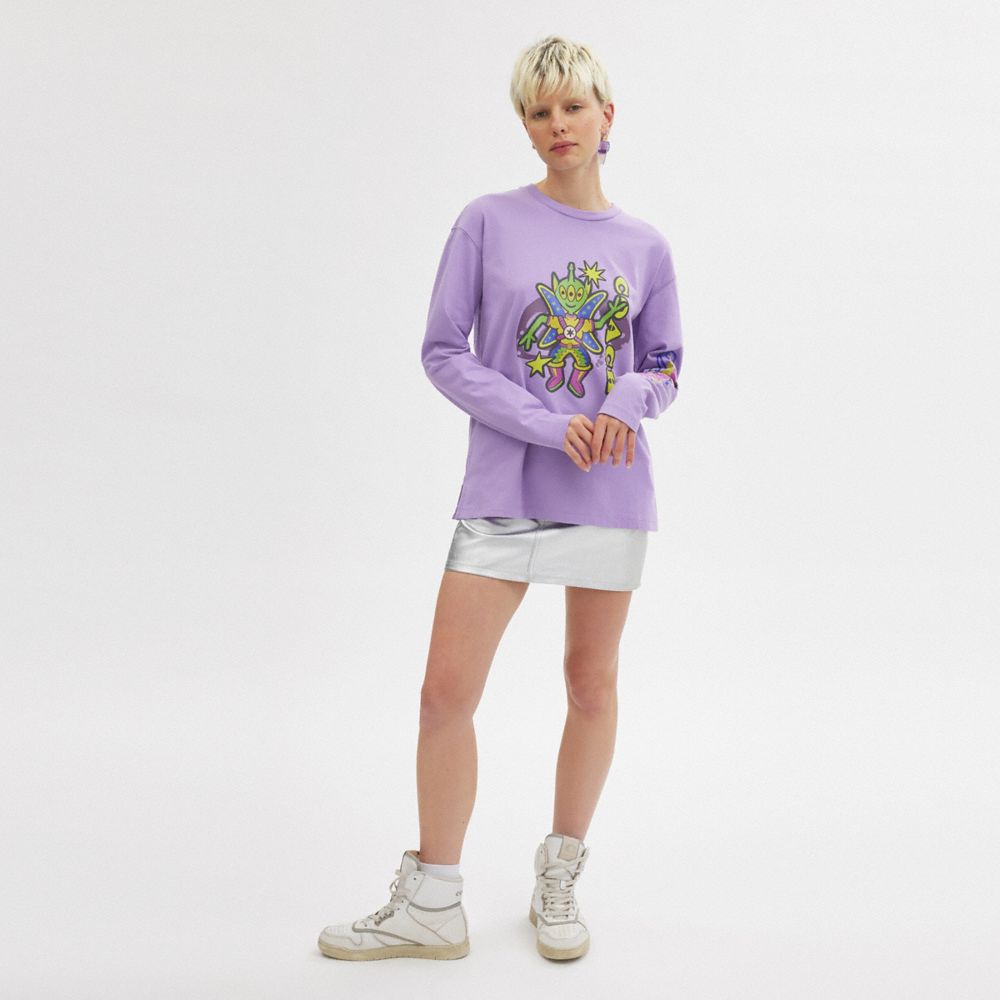COACH®,Cosmic Coach Long Sleeve T Shirt,Cotton,T Shirt,Logo,Graphic,Casual,Lavender,Scale View