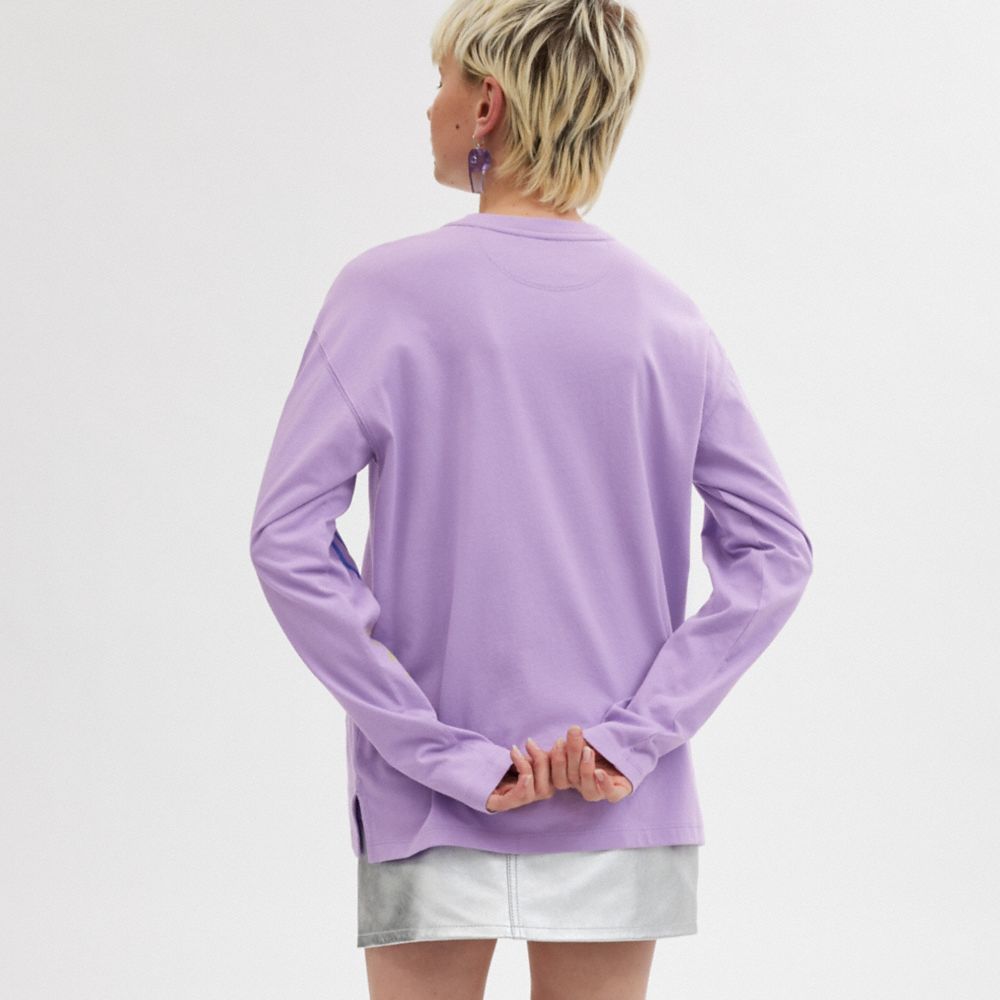 COACH®,Cosmic Coach Long Sleeve T Shirt,Cotton,T Shirt,Logo,Graphic,Casual,Lavender,Scale View
