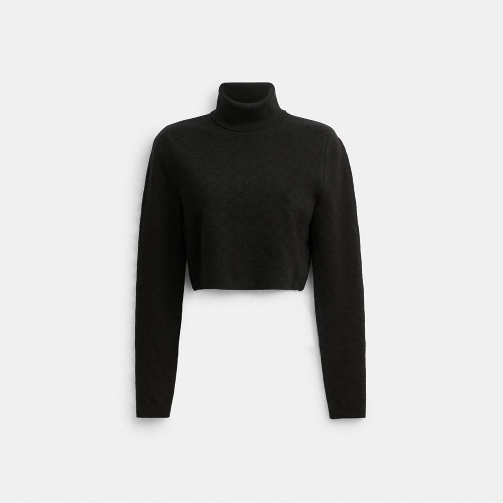 COACH®,SIGNATURE KNIT CROPPED TURTLENECK,Wool/Silk,Black,Front View