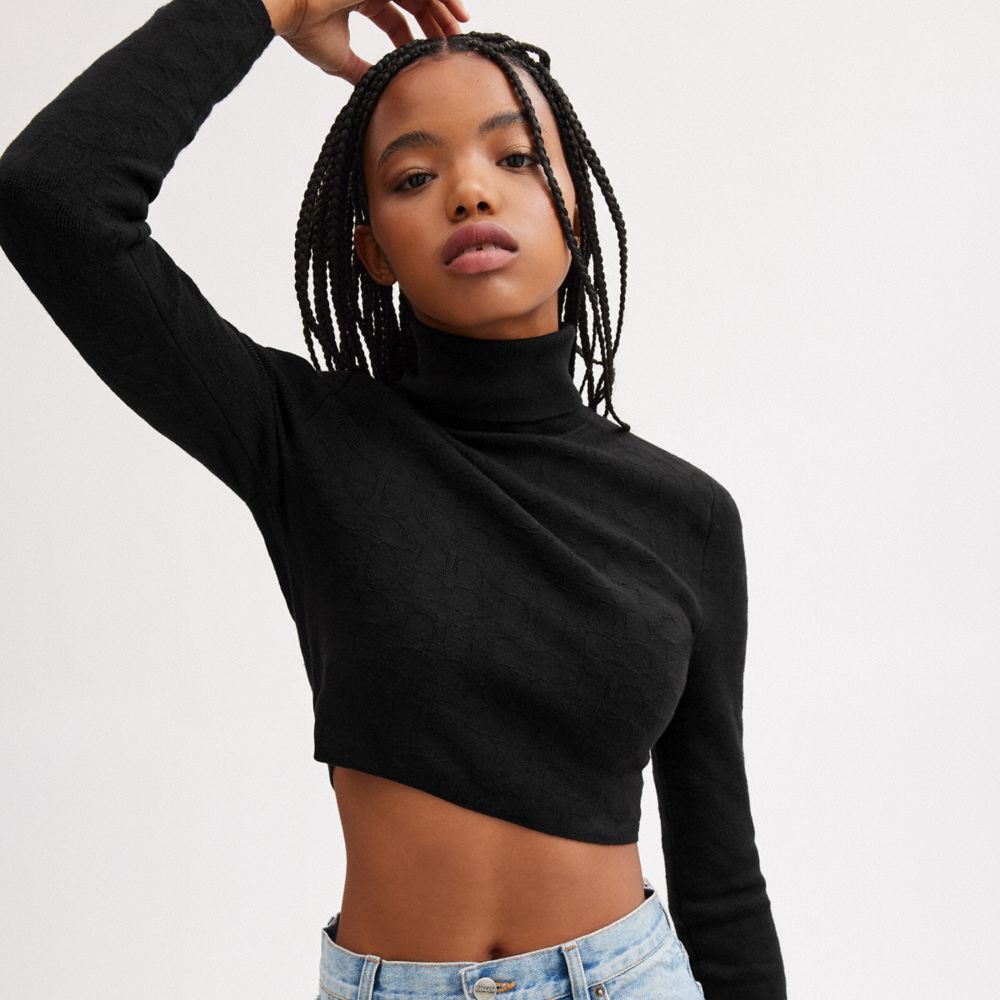 COACH®,Signature Knit Cropped Turtleneck,Polyamide,Wool,Spandex,Silk,Pullover,Sweater,No Embellishment,Casual,Black,Detail View