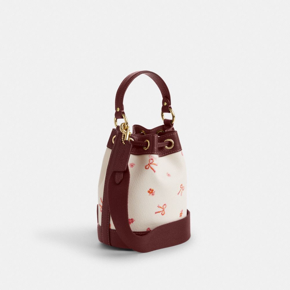 COACH®,DEMPSEY DRAWSTRING BUCKET BAG 15 WITH BOW PRINT,Novelty Print,Medium,Im/Chalk/Wine Multi,Angle View