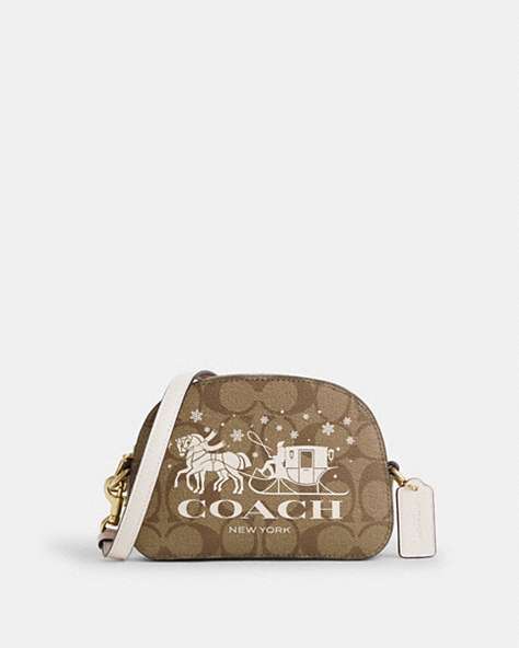 COACH®,MINI SERENA SATCHEL IN SIGNATURE CANVAS WITH HORSE AND SLEIGH,Coated Canvas,Mini,Gold/Khaki/Chalk,Front View