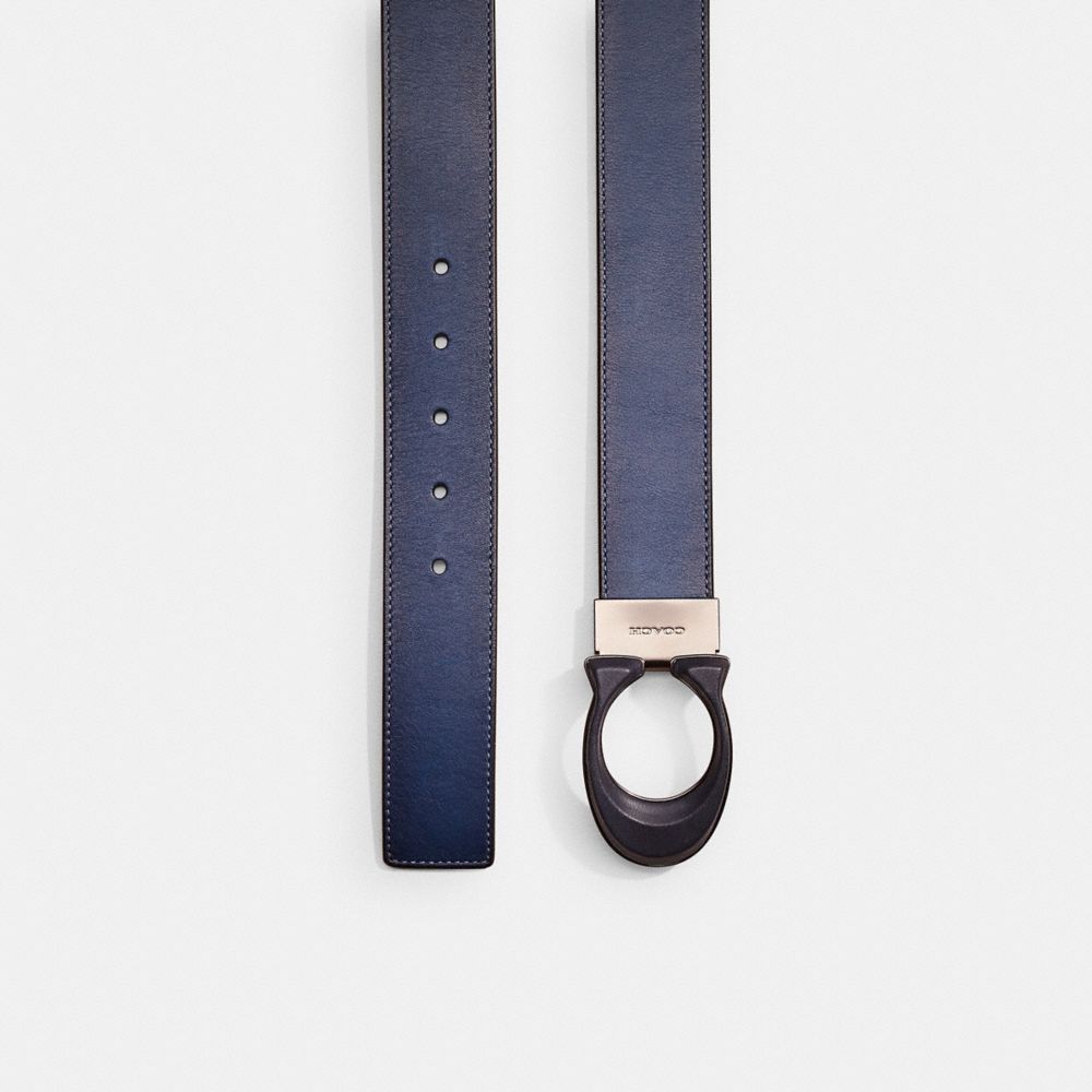COACH®,Restored Signature Buckle Cut To Size Reversible Belt, 38 Mm,Standard,Logo,Reversible,Black Metal,Work,Casual,Blue,Closer View