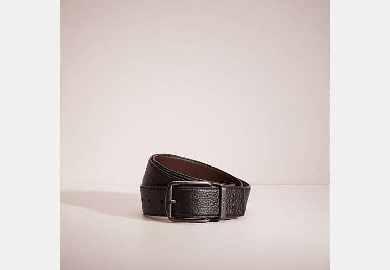 COACH®,RESTORED HARNESS BUCKLE CUT-TO-SIZE REVERSIBLE BELT, 38MM,Black/Mahogany,Front View