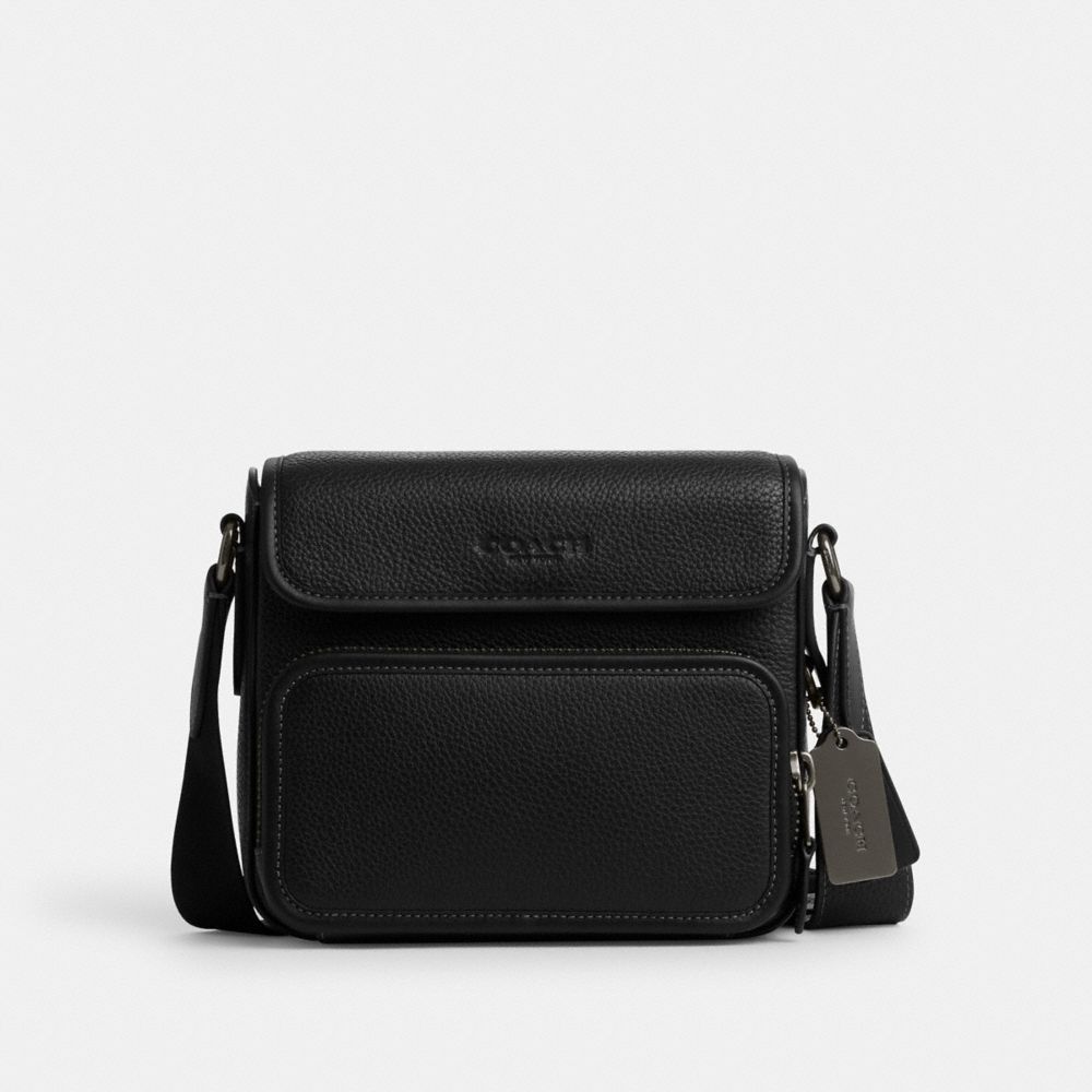 COACH®,SULLIVAN FLAP CROSSBODY BAG,Leather,Medium,Gunmetal/Black,Front View