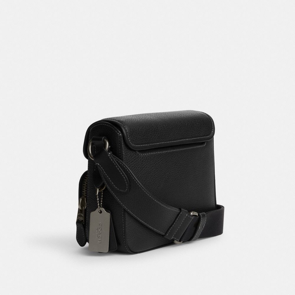 COACH®,SULLIVAN FLAP CROSSBODY BAG,Pebbled Leather,Medium,Gunmetal/Black,Angle View