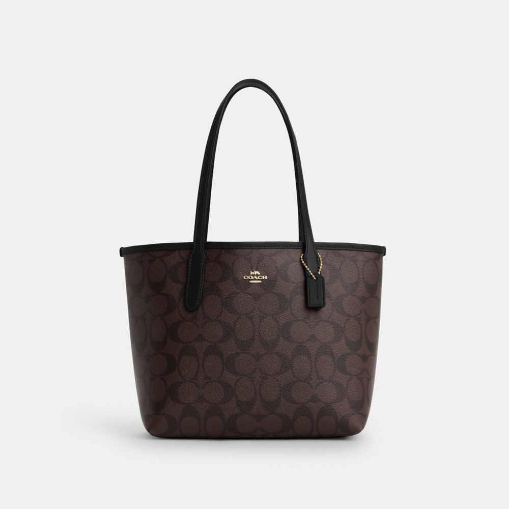 COACH®,MINI CITY TOTE IN SIGNATURE CANVAS,Signature Canvas,Medium,Gold/Brown Black,Front View