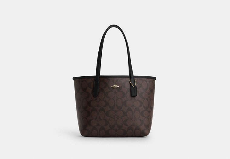 COACH®,MINI CITY TOTE IN SIGNATURE CANVAS,Coated Canvas,Medium,Gold/Brown Black,Front View
