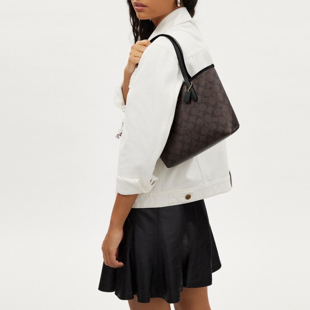 COACH®,Small City Tote In Signature Canvas,Canvas,Leather,Tote,PVC,Piping,Logo,Gold Metal,Casual,Brown,Detail View