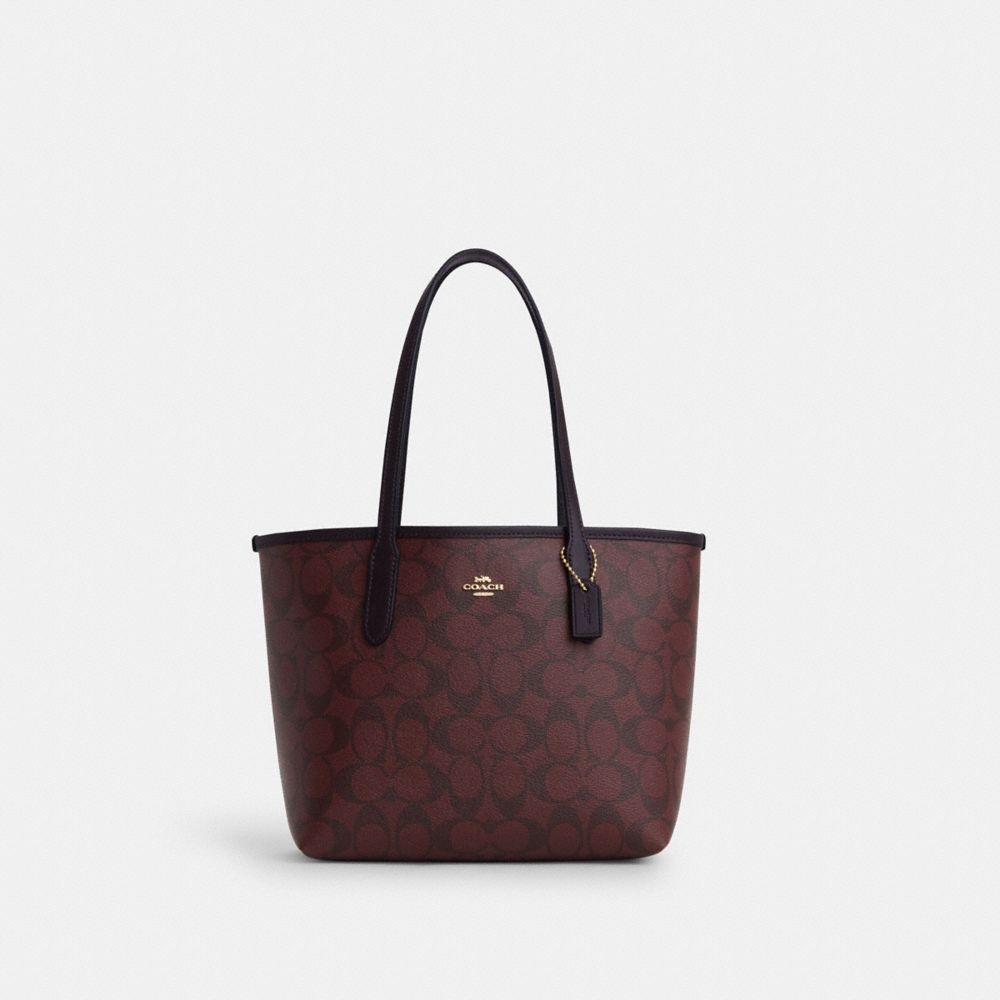 COACH®,MINI CITY TOTE IN SIGNATURE CANVAS,Signature Canvas,Medium,Gold/Oxblood Multi,Front View