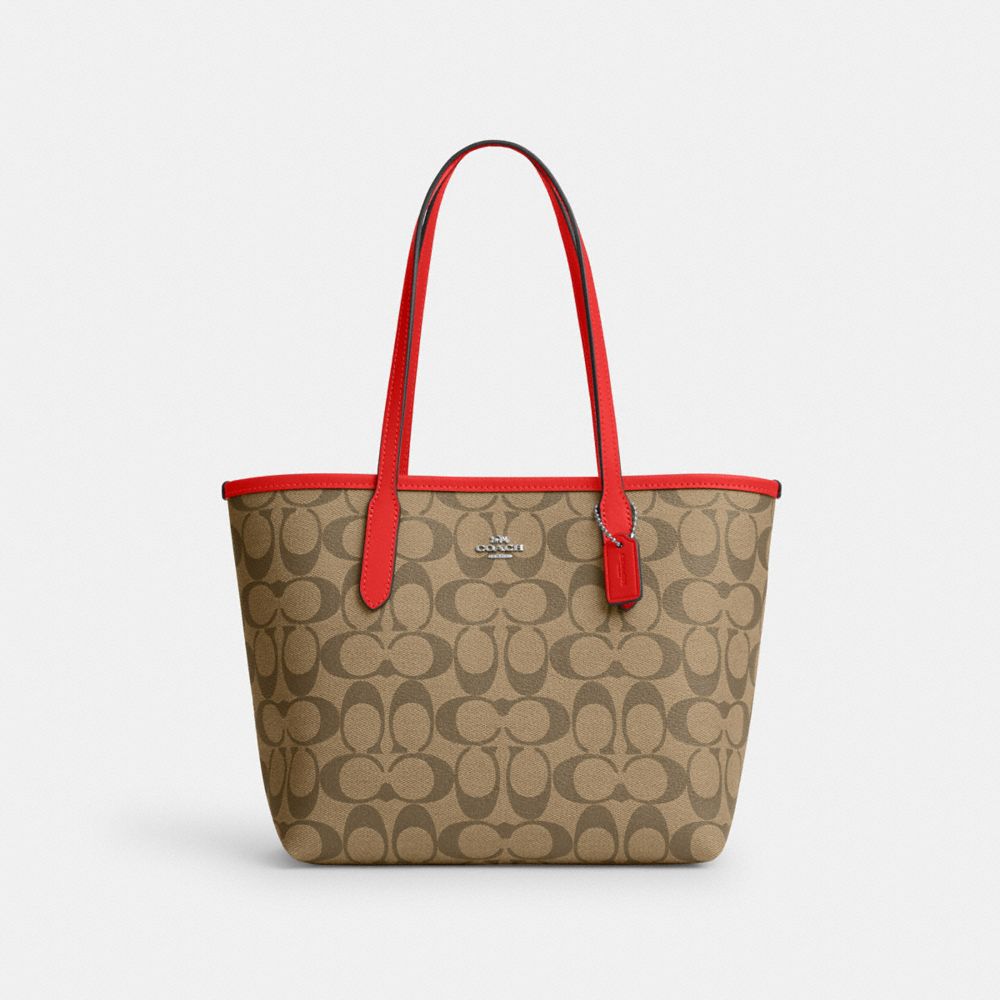 Silver Khaki Miami Red Small City Tote In Signature Canvas