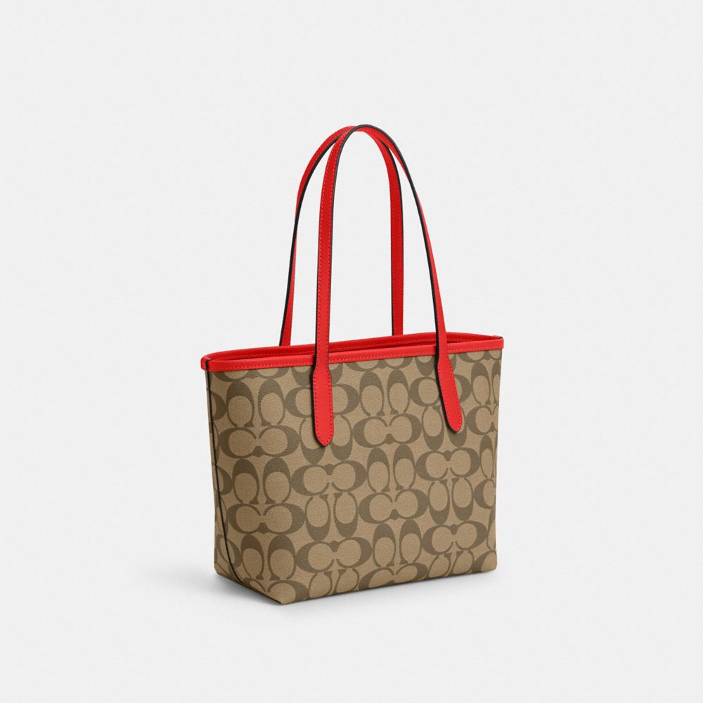 COACH®,MINI CITY TOTE IN SIGNATURE CANVAS,Signature Canvas,Medium,Silver/Khaki/Miami Red,Angle View