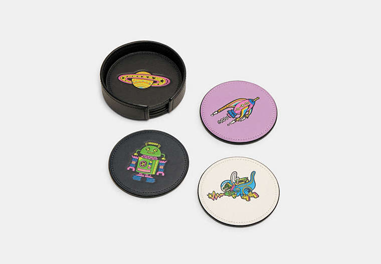 COACH®,COSMIC COACH COASTER SET,Glovetanned Leather,Multi,Front View