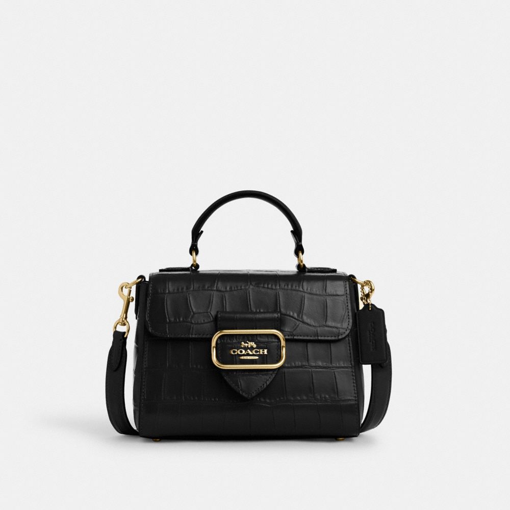 COACH®,MORGAN TOP HANDLE SATCHEL BAG,Novelty Leather,Medium,Gold/Black,Front View