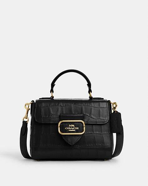COACH®,MORGAN TOP HANDLE SATCHEL,Embossed Leather,Medium,Gold/Black,Front View