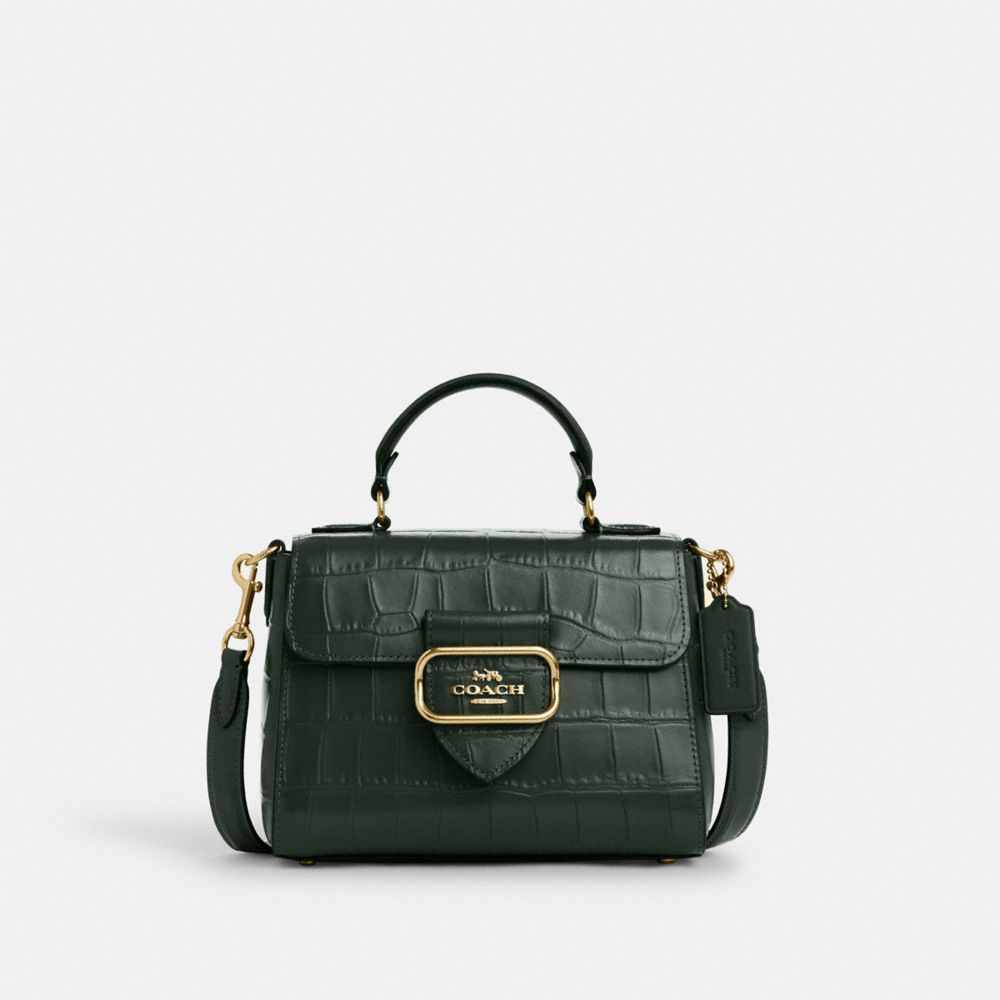 COACH®,MORGAN TOP HANDLE SATCHEL BAG,Novelty Leather,Medium,Gold/Amazon Green,Front View