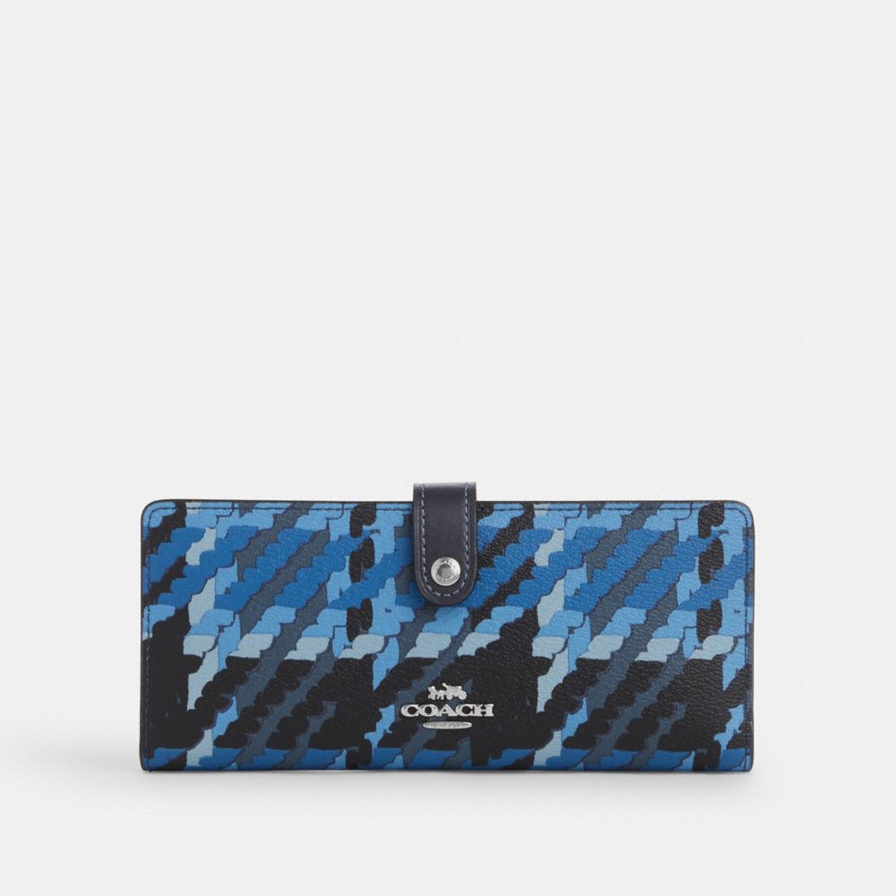 COACH®,SLIM WALLET WITH GRAPHIC PLAID PRINT,Novelty Print,Mini,Silver/Blue Multi,Front View