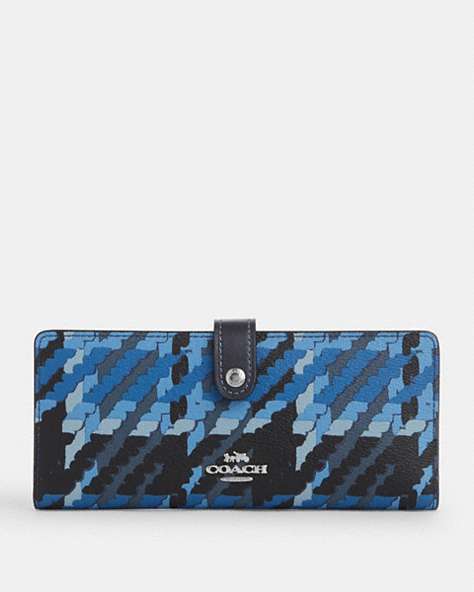 COACH®,SLIM WALLET WITH GRAPHIC PLAID PRINT,Coated Canvas,Mini,Silver/Blue Multi,Front View