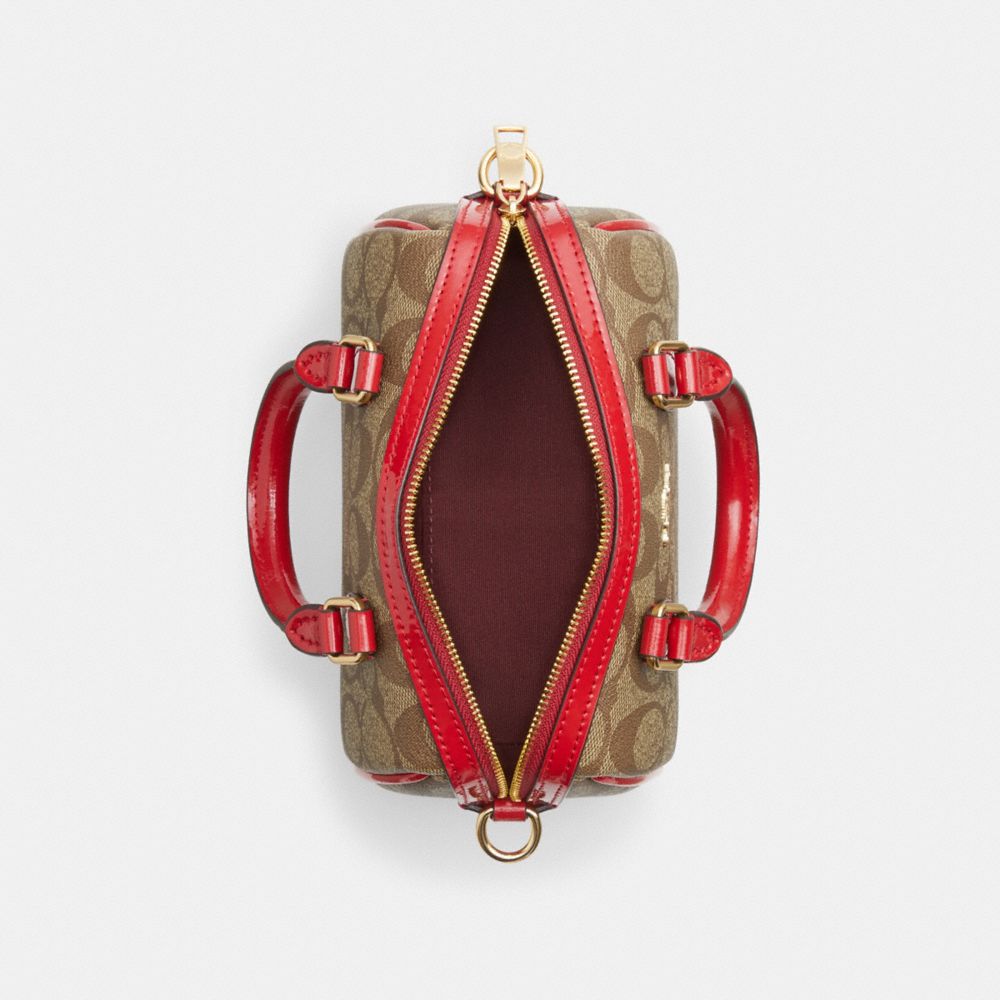 COACH®,BOXED MINI ROWAN CROSSBODY WITH HEARTS KEY RING IN SIGNATURE CANVAS,Signature Canvas,Small,Im/Khaki/Electric Red,Inside View,Top View