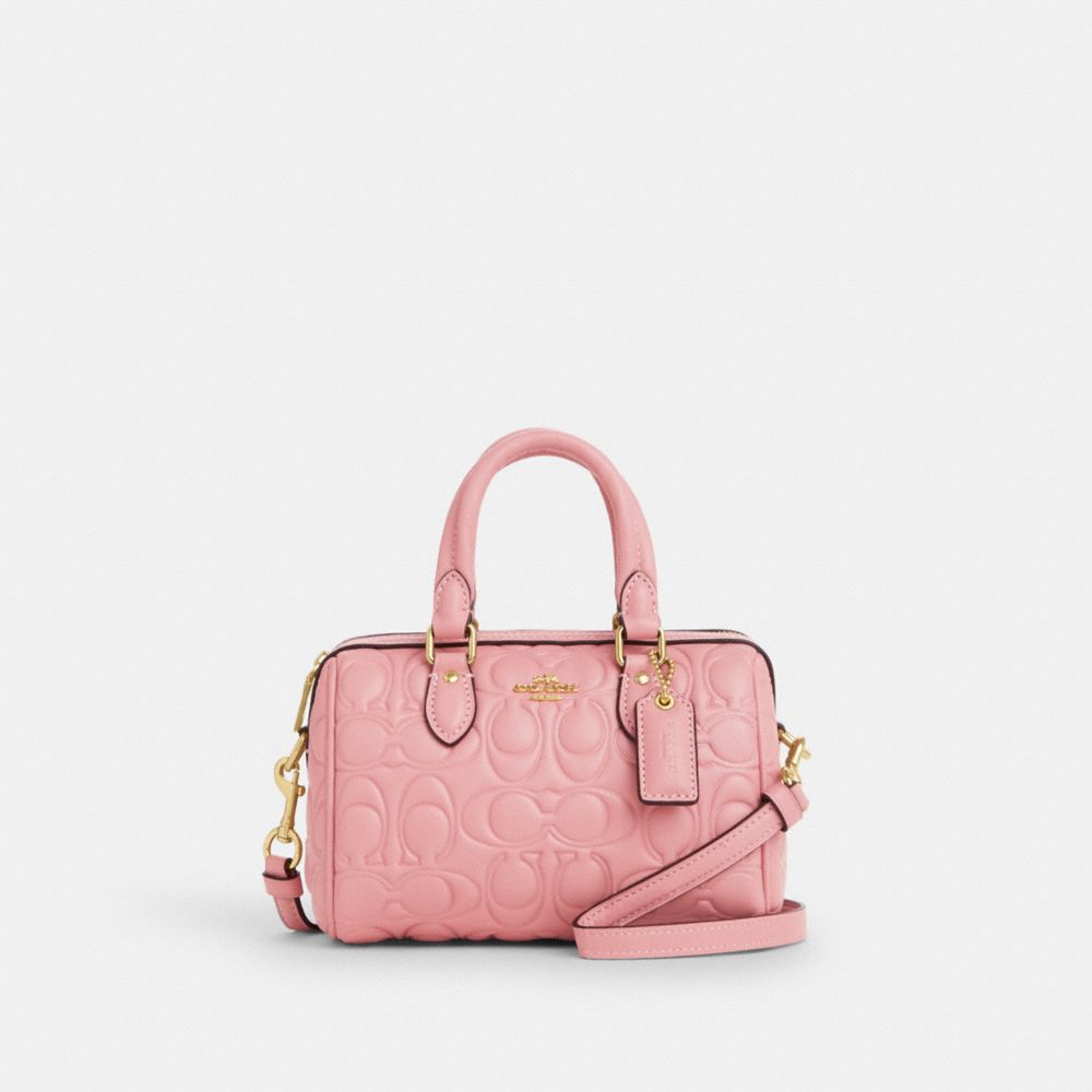 COACH®,MINI ROWAN CROSSBODY WITH SIGNATURE,Leather,Medium,Gold/Light Blush,Front View