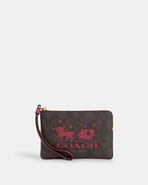 Corner Zip Wristlet In Signature Canvas With Horse And Sleigh